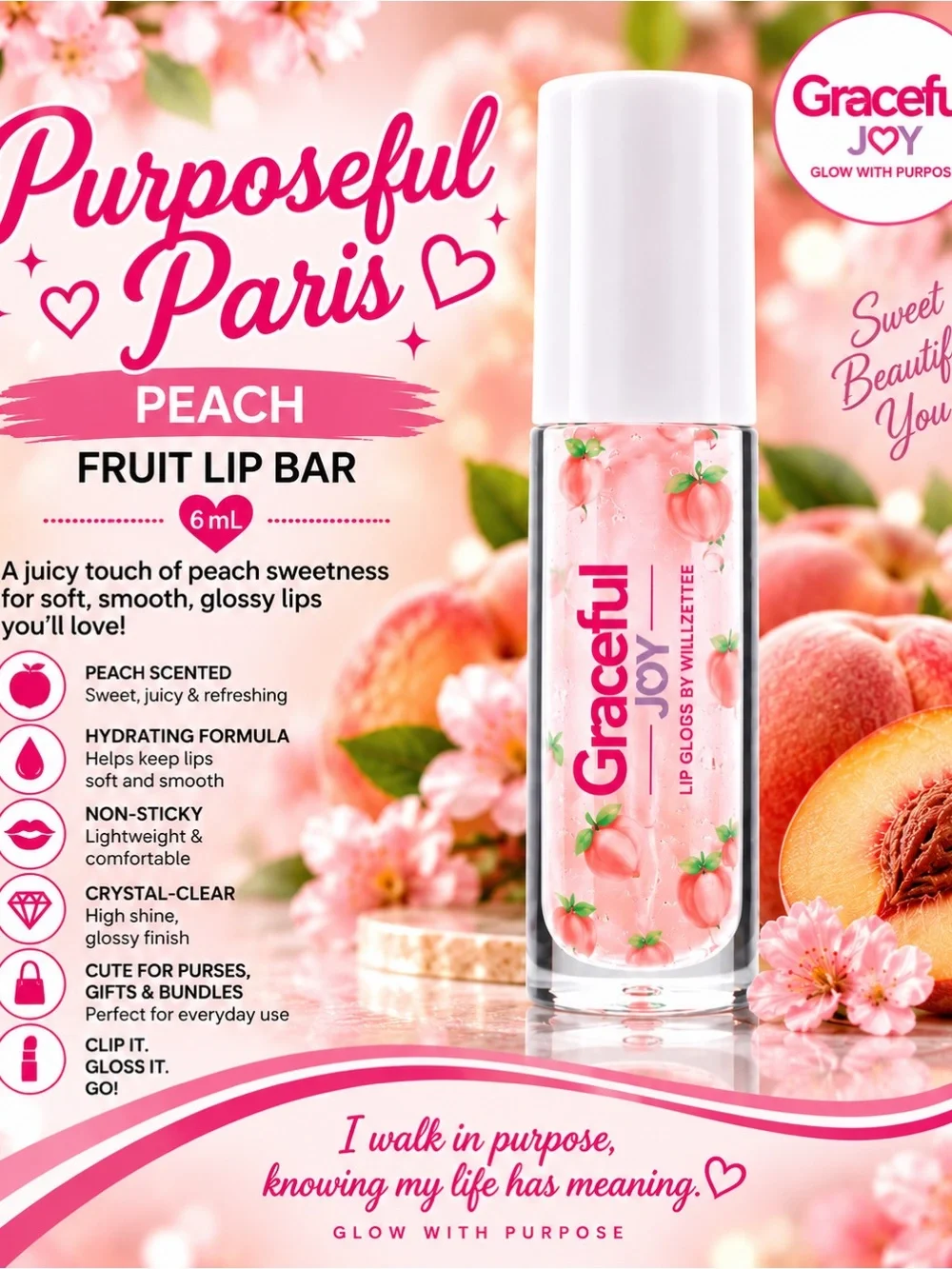 Graceful Joy Purposeful Paris Peach Fruit Lip Bar - Clear Peach Gloss